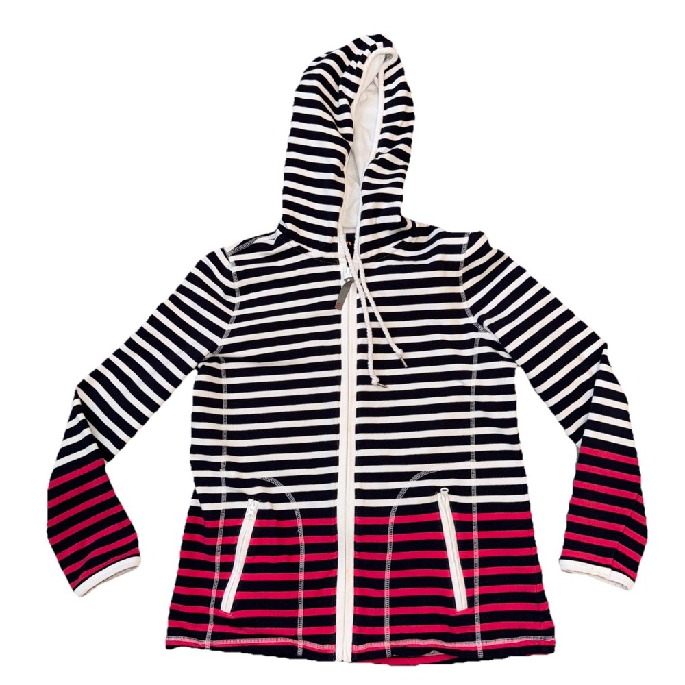 Talbots  Full Zip Hoodie Women's Size Medium Pink Black White Stripe Knit Top